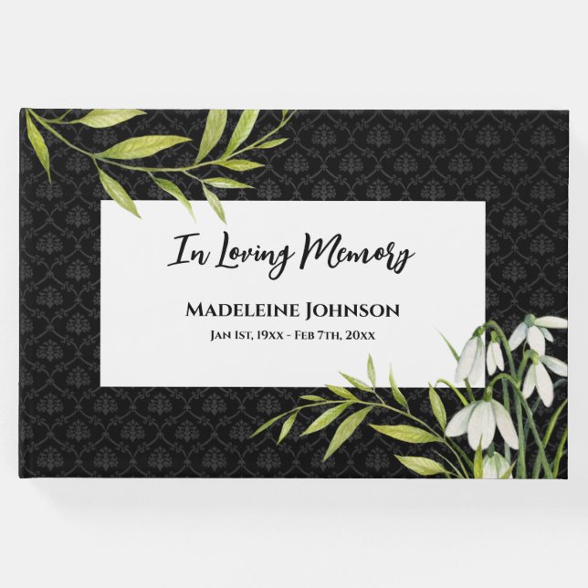 Funeral Classic Elegant Snowdrops Laurel Damask Guest Book (Front)