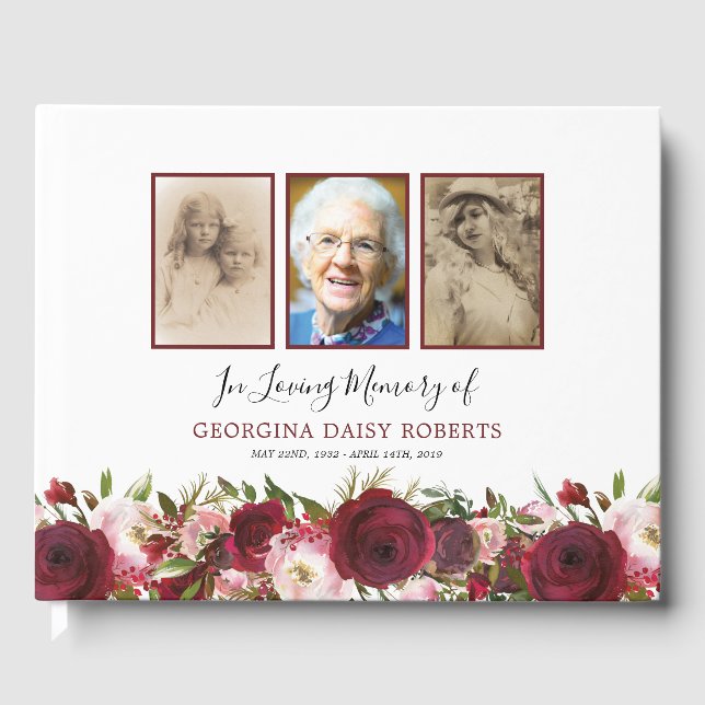 Funeral Condolence | 3 Photo Memorial Floral Guest Book (Front)