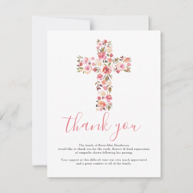Funeral Cross Thank You Note | Pink Floral Card (Front)