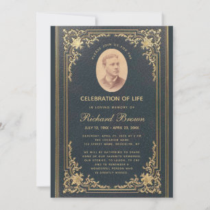 Funeral Elegant Vintage Blue Gold Photo Invitation