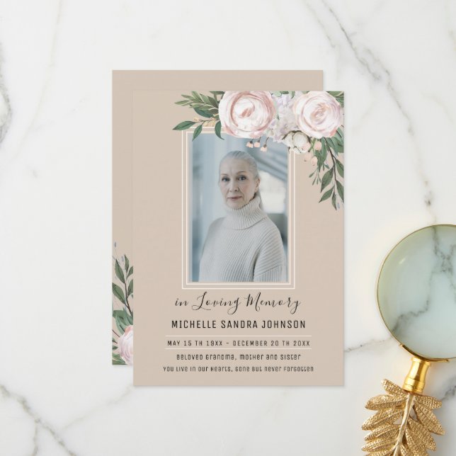 Funeral Floral Beige Photo Memorial Program (Front/Back In Situ)