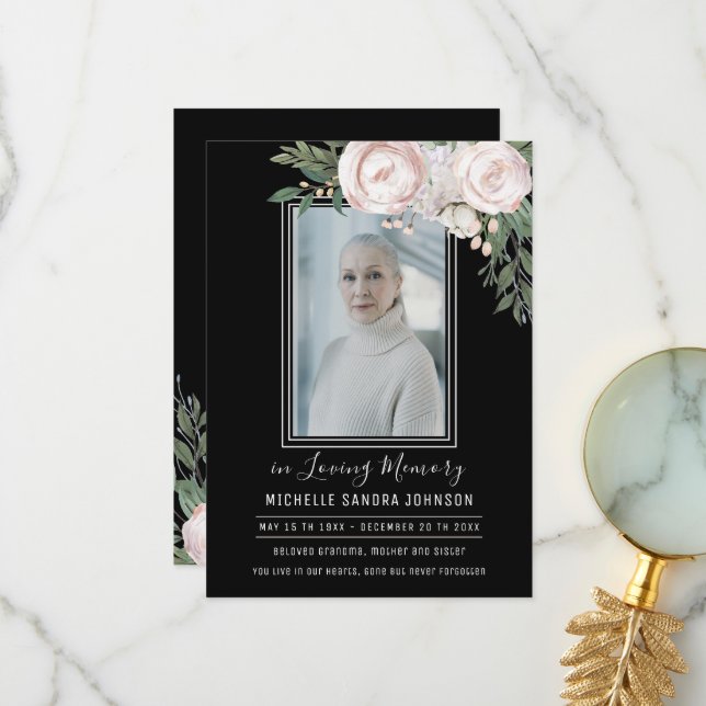 Funeral Floral Black Photo Memorial Program (Front/Back In Situ)