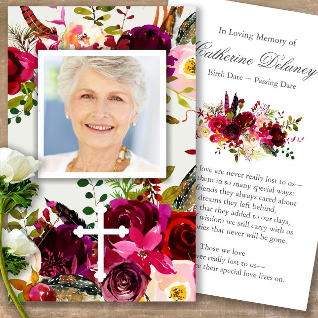Funeral Floral Bordo & Cross Prayer Sympathy Cards (Forever in our hearts, celebration of life, in loving memory of, prayer cards for bereavement)
