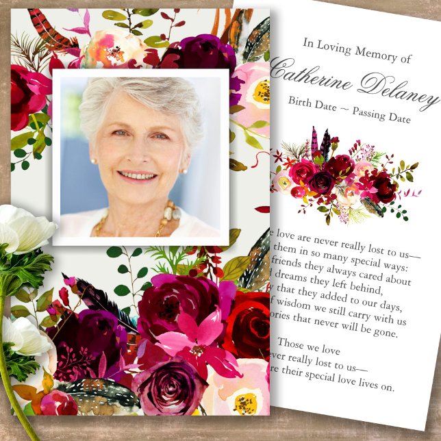 Funeral Floral Bordo Photo Prayer Sympathy Cards (Forever in our hearts, celebration of life, in loving memory of, prayer cards for bereavement)