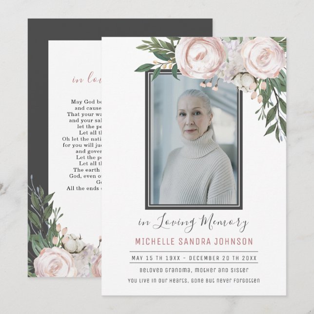 Funeral Floral Pink Grey Photo Memorial Prayer  Thank You Card (Front/Back)