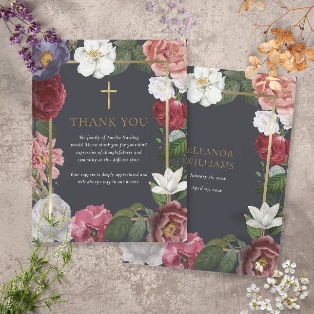 Funeral Gold Cross Floral Thank You Note Card (Creator Uploaded)