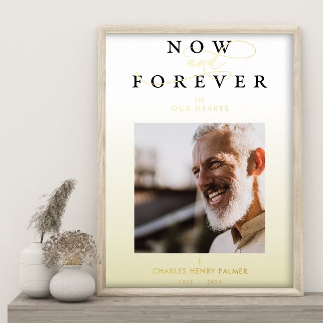 Funeral Golden Gradient Photo Whimsical Script Foil Prints (Creator Uploaded)