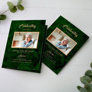 Funeral Green & Gold Calligraphy  Memorial Program