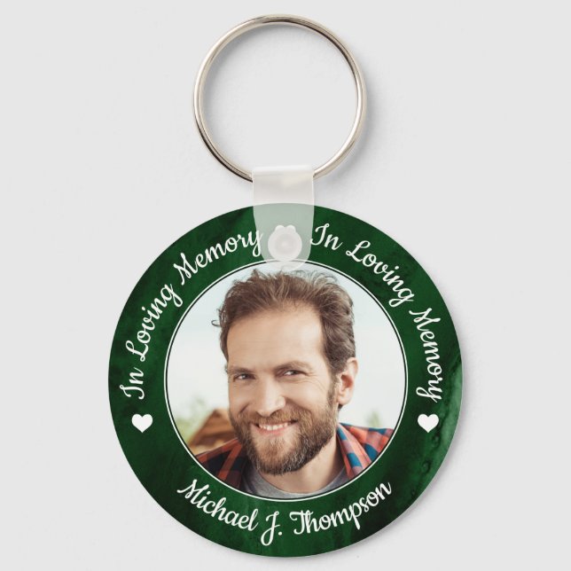 Funeral Green Marble Loving Memory Photo Memorial Key Ring (Front)