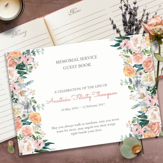 Funeral Guest Book | Watercolor Roses 1 (funeral guest books, sympathy, celebration of life, in loving memory, memorial service, remembrance,)