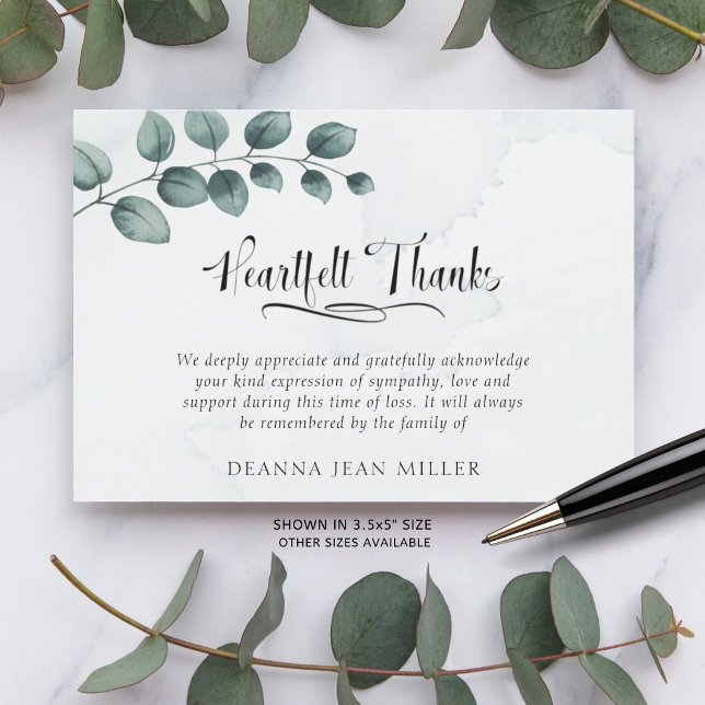 Funeral Heartfelt Thanks Watercolor Green Leaves Thank You Card (Creator Uploaded)