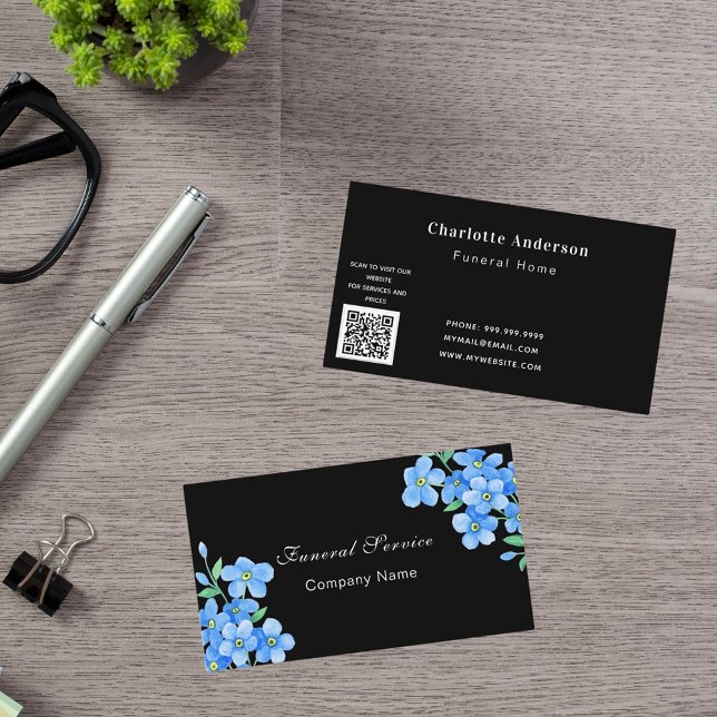 Funeral home service black blue floral QR code Business Card (Creator Uploaded)