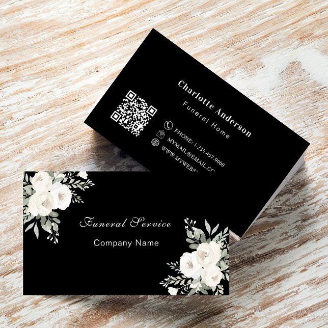 Funeral home service black white florals QR code Business Card (Creator Uploaded)