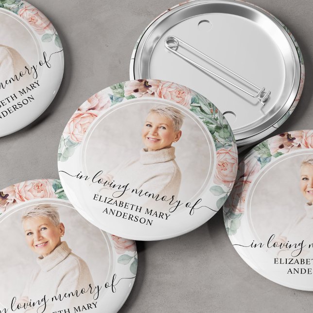 Funeral In Loving Memory Blush Pink Floral Photo 6 Cm Round Badge (Creator Uploaded)