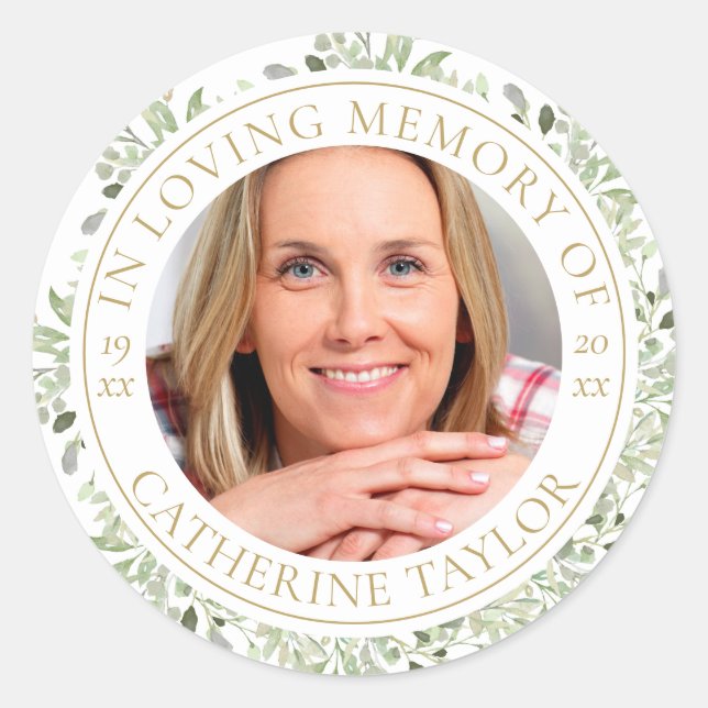 Funeral In Loving Memory Greenery Photo Classic Round Sticker (Front)