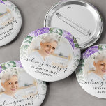 Funeral In Loving Memory Purple Floral Photo 6 Cm Round Badge<br><div class="desc">The perfect button for friends and family to wear at a funeral with an image of your loved one and the words "in loving memory" and their name. The design features a purple watercolor floral design.</div>