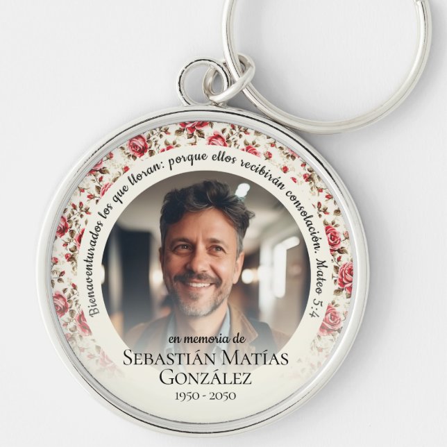 Funeral In Loving Memory Spanish Photo Key Ring (Front)