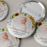 Funeral In Loving Memory Sunflower Floral Photo 6 Cm Round Badge<br><div class="desc">The perfect button for friends and family to wear at a funeral with an image of your loved one and the words "in loving memory" and their name. The design features a sunflower watercolor floral design.</div>