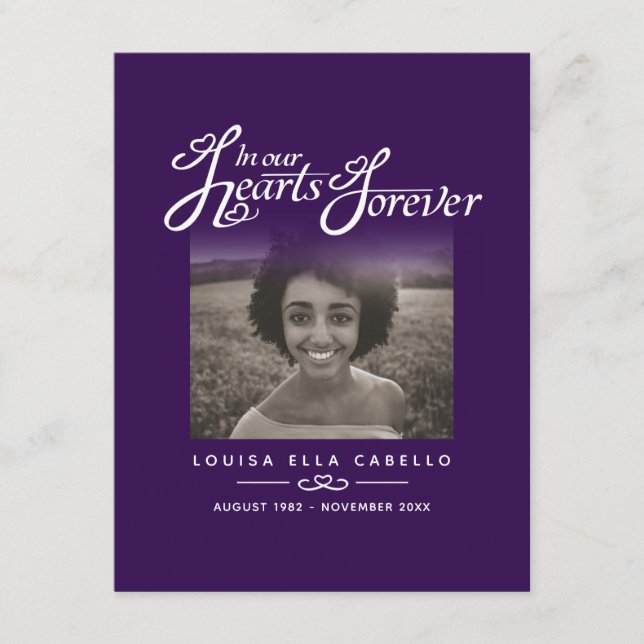 Funeral in our hearts forever purple photo poem enclosure card (Front)