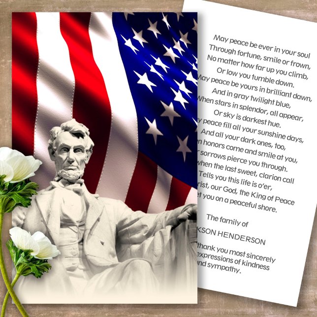 Funeral Lincoln Memorial Prayer Sympathy Cards  (military sympathy card, military prayer cards, funeral prayer card, death, military funeral cards)