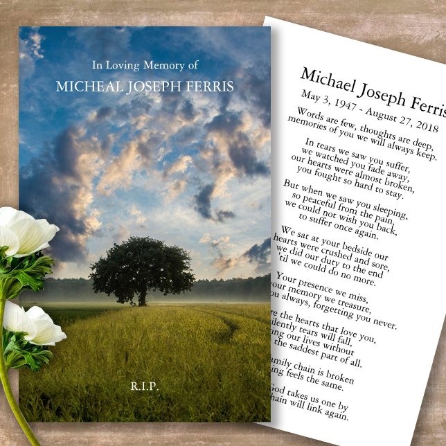 Funeral Lone Tree Memorial Prayer Sympathy Cards (Forever in our hearts, celebration of life, in loving memory of, prayer cards for bereavement)