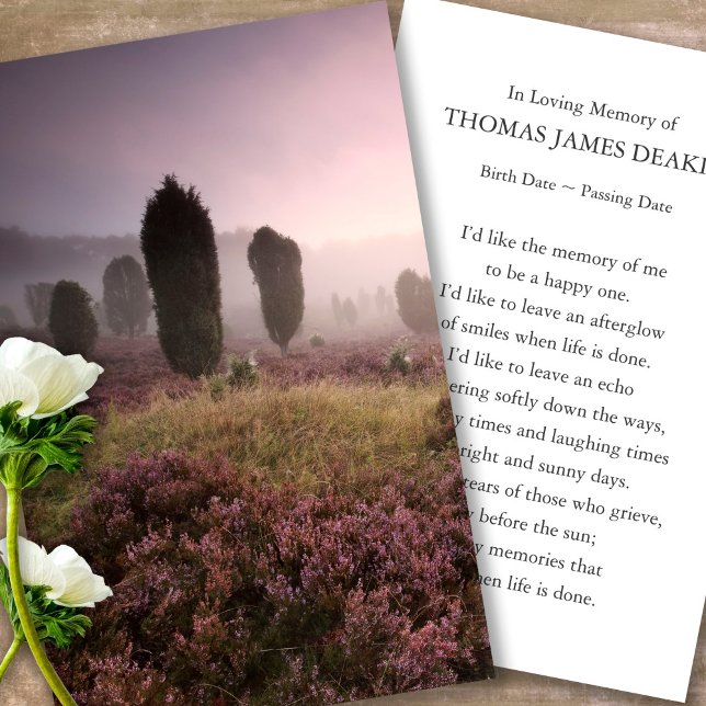 Funeral Loss Memorial Fields Prayer Sympathy Cards (pink heather fields, celebration of life, in loving memory of, prayer cards for bereavement)