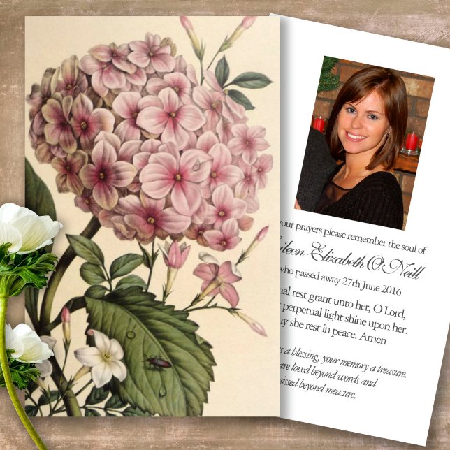 Funeral Loss Pink Hydrangea Prayer Sympathy Cards (Forever in our hearts, celebration of life, in loving memory of, prayer cards for bereavement)