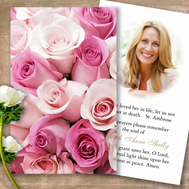 Funeral Loss Pink Rose Bud Prayer Sympathy Cards (Forever in our hearts, celebration of life, in loving memory of, prayer cards for bereavement)