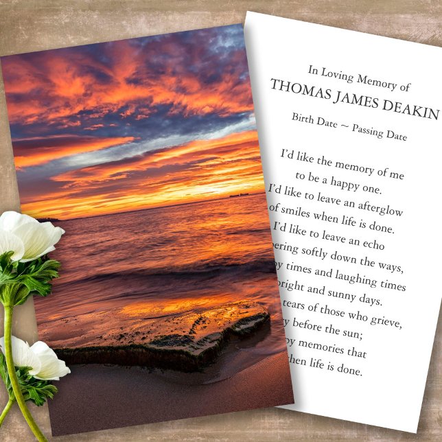 Funeral Loss Sunrise Prayer Sympathy Cards (sunset, sunrise, beach, celebration of life, in loving memory of, prayer cards for bereavement)