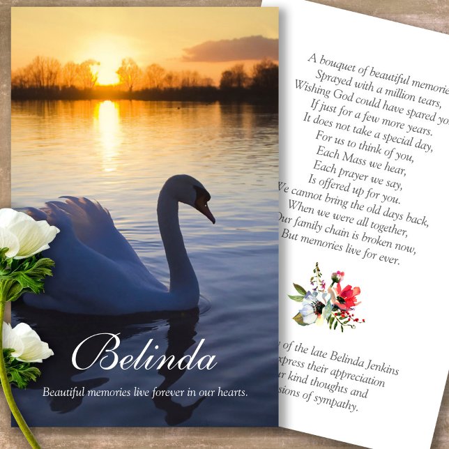 Funeral Loss Sunset Swan Prayer Sympathy Cards (Forever in our hearts, celebration of life, in loving memory of, prayer cards for bereavement)