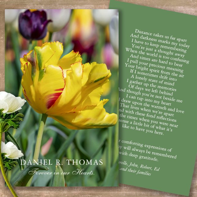 Funeral Loss Yellow Tulip Prayer Sympathy Cards (Forever in our hearts, celebration of life, in loving memory of, prayer cards for bereavement)