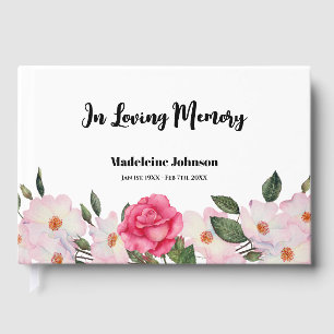 Funeral Loved One Watercolor Pink White Roses Guest Book