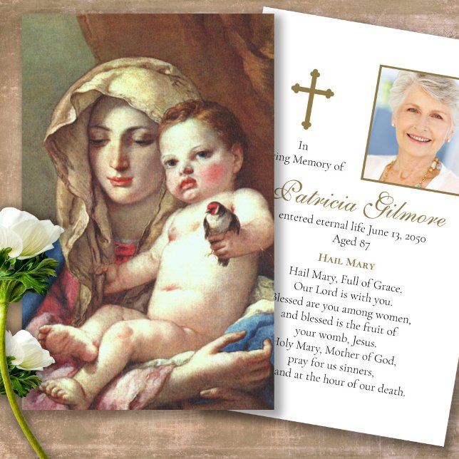 Funeral Madonna Goldfinch Prayer Sympathy Cards (catholic, religious, celebration of life, in loving memory of, prayer cards for bereavement)