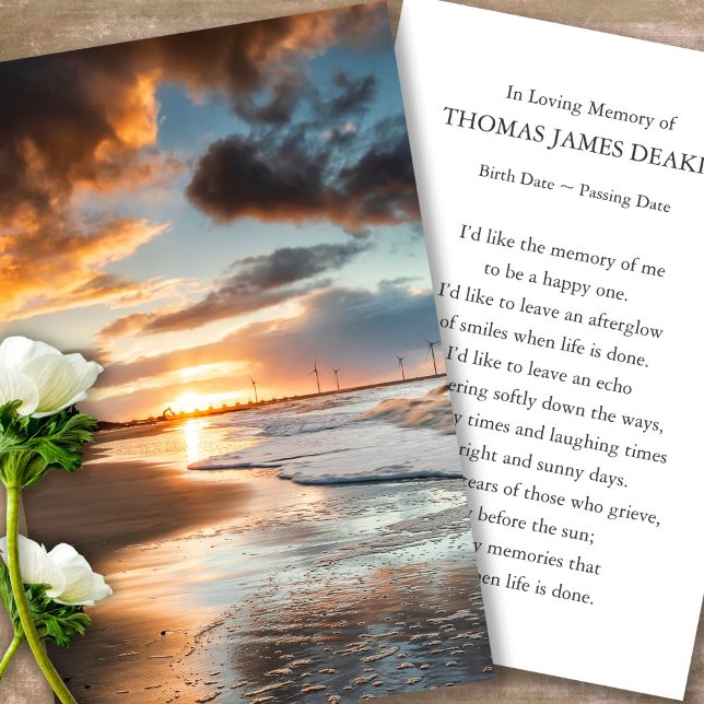 Funeral Memorial Beach Prayer Sympathy Cards (sunset, sunrise, beach, celebration of life, in loving memory of, prayer cards for bereavement)