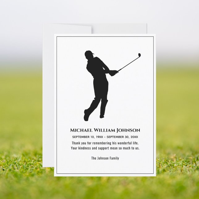 Funeral Memorial Black And White Golf Player Thank You Card (Creator Uploaded)