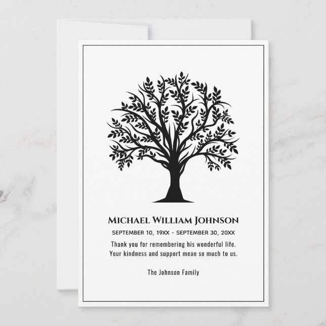 Funeral Memorial Black And White Tree Of Life Thank You Card (Front)