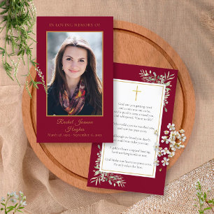 Funeral Memorial Burgundy Photo Prayer Cards