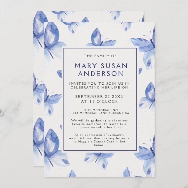 Funeral Memorial Butterflies Photo Announcement (Front/Back)