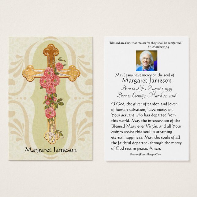 Funeral Memorial Cross Floral Holy Card - (Front & Back)