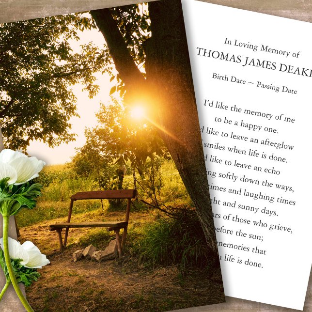 Funeral Memorial Garden Prayer Sympathy Cards (sunset, sunrise, park bench, celebration of life, in loving memory of, prayer cards for bereavement)