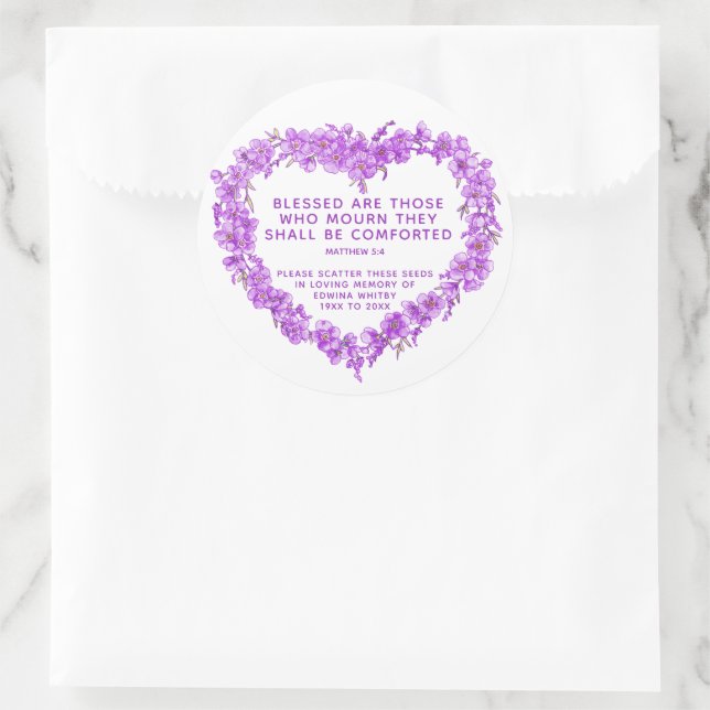 Funeral memorial gift purple wreath scatter seed  classic round sticker (Bag)