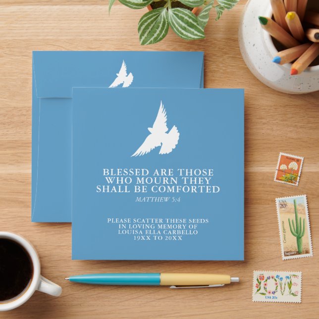 Funeral memorial gift white dove on blue seed envelope (Desk)
