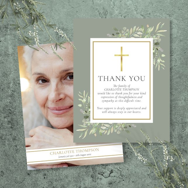 Funeral Memorial Greenery Christian Photo Thank You Card (Funeral Memorial Greenery Christian Photo Thank You Card)