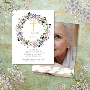 Funeral Memorial Lavender Floral Christian Photo Thank You Card