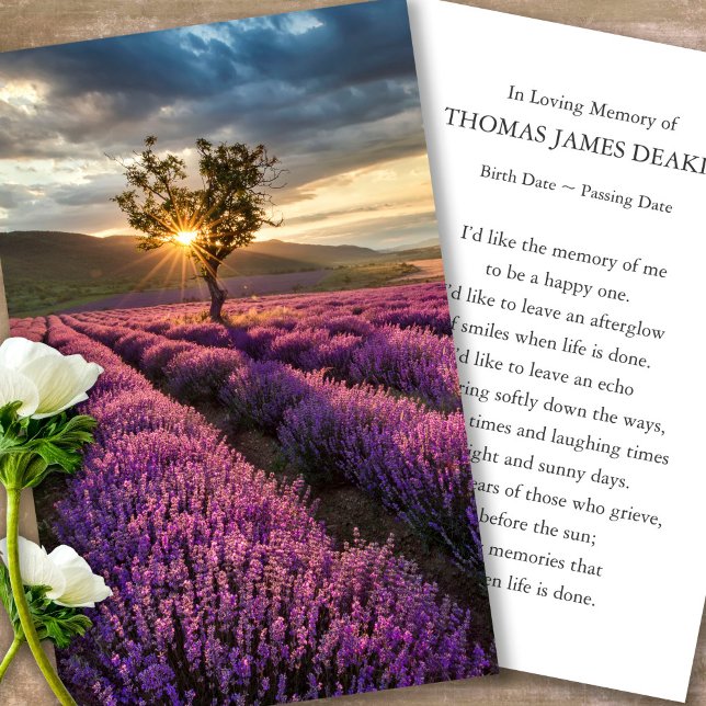 Funeral Memorial Lavender Prayer Sympathy Cards (sunset, sunrise, lavender, celebration of life, in loving memory of, prayer cards for bereavement)