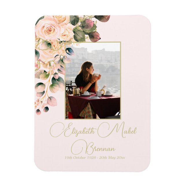 Funeral Memorial Photo Elegant Pink Rose Floral Magnet (Vertical)