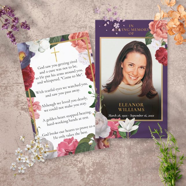 Funeral Memorial Purple Floral Photo Prayer Cards (Creator Uploaded)