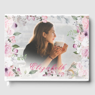 Funeral Memorial Roses White Overlay Photo Simple  Guest Book