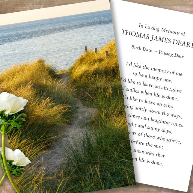 Funeral Memorial Sand Dunes Prayer Sympathy Cards (sunset, sunrise, beach, celebration of life, in loving memory of, prayer cards for bereavement)