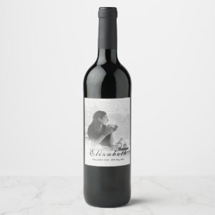 Funeral Memorial Simple Black and White Photo Wine Label